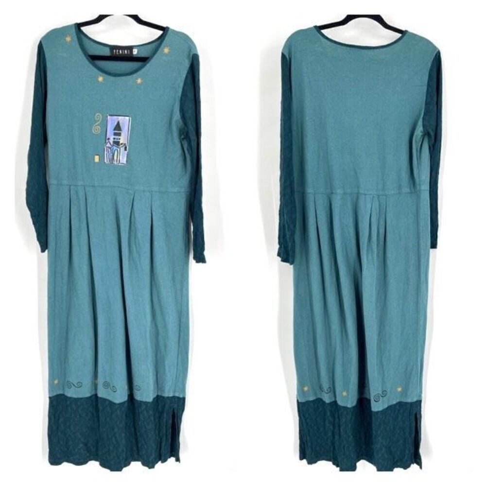 Fenini Women's Artsy Embroidered Castle Maxi Dress Teal Green Medium CottageCore